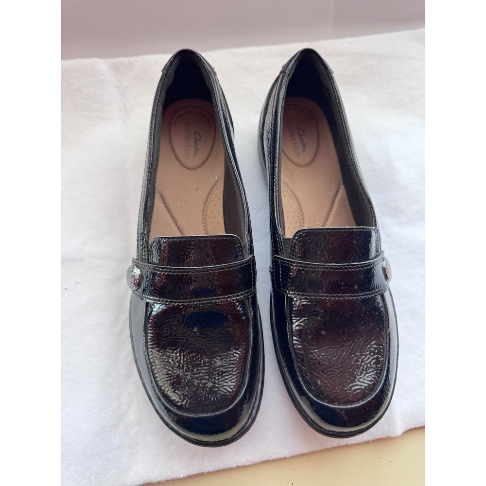 Clarks Collection Black Patent Textured Loafers Ultimate Comfort Womens 9.5 M